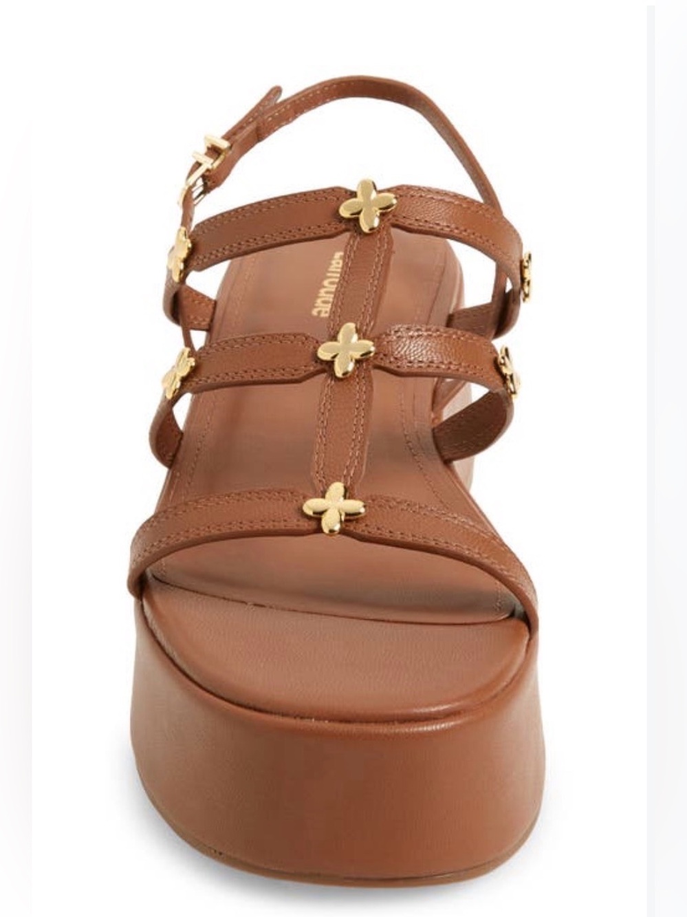 Larroude Brown Platform Sandal with Gold Flower Accents
